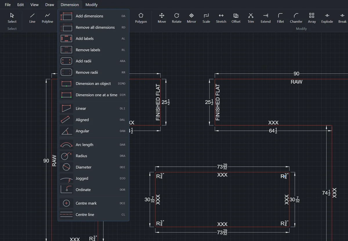 The Dimension menu open over a drawing: Add dimensions, Add labels, Add radii, Linear, Aligned, Angular, Arc length, Radius, Diameter, Jogged, Ordinate, Centre mark and Centre line, each with a figure and a typed alias.