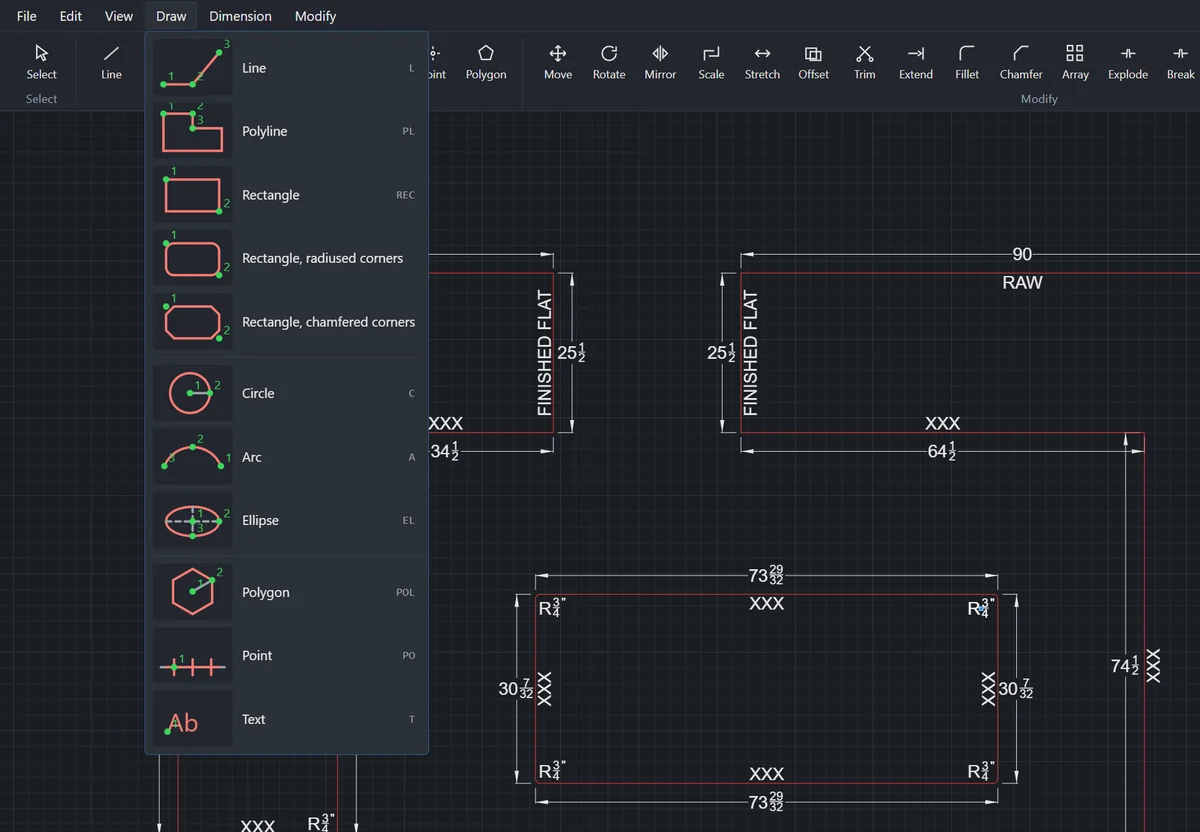 The Draw menu open over a drawing. Each entry has a small figure showing the clicks it takes: Line, Polyline, Rectangle, Rectangle with radiused corners, Rectangle with chamfered corners, Circle, Arc, Ellipse, Polygon, Point and Text, with the typed alias beside each.