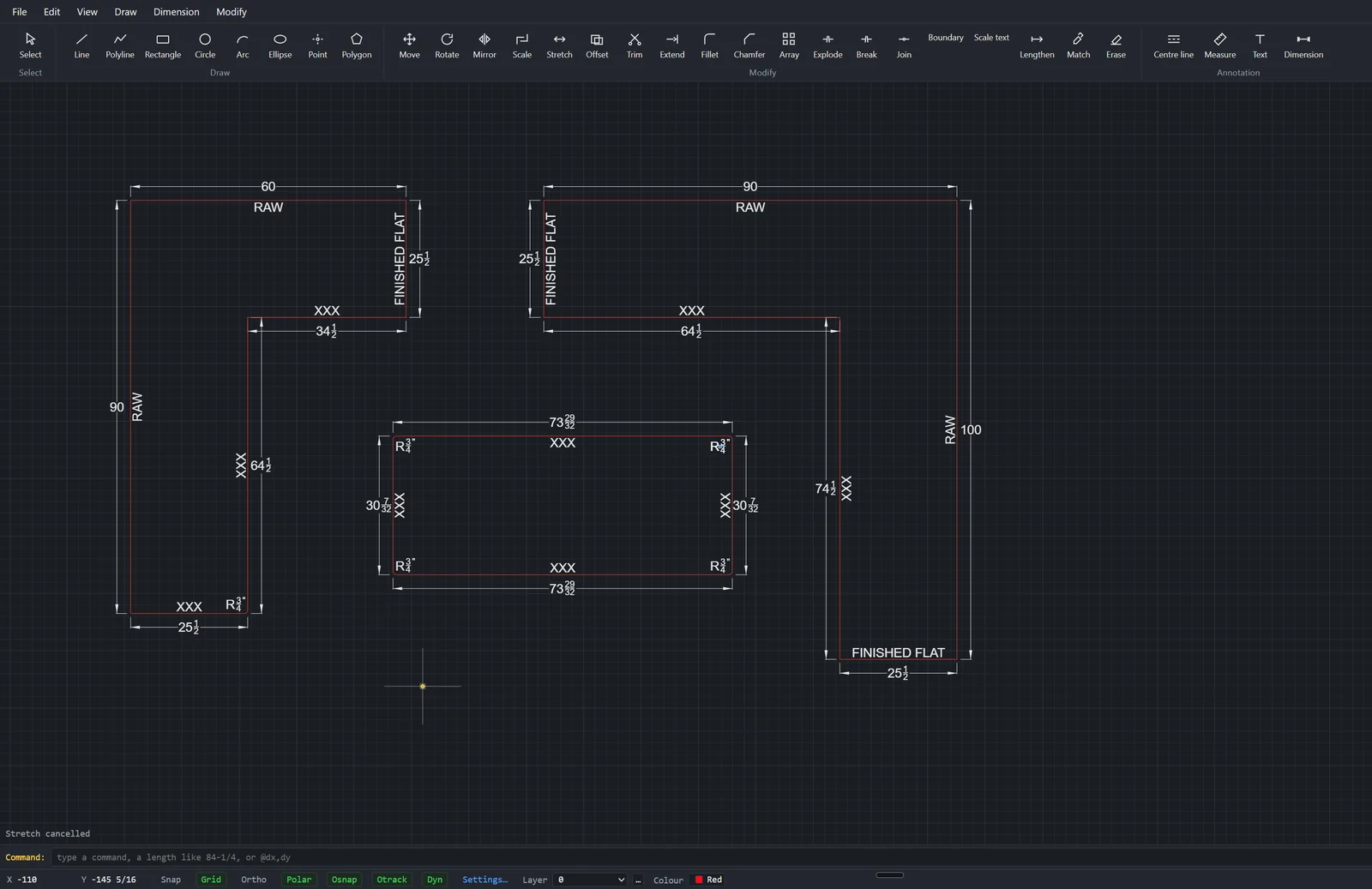 StepOne CAD with a countertop job open: two L-shaped tops and an island drawn in red, every edge noted RAW, FINISHED FLAT or XXX, radius call-outs at the corners and dimensions with stacked fractions such as 73 and 29/32 inches.