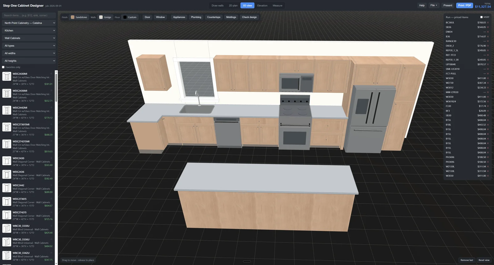 The same kitchen in the 3D view: maple cabinets, a sink under the window, a dishwasher, a range with an over-range microwave, a french-door refrigerator and an island in front. The catalog and the priced item list stay where they were.