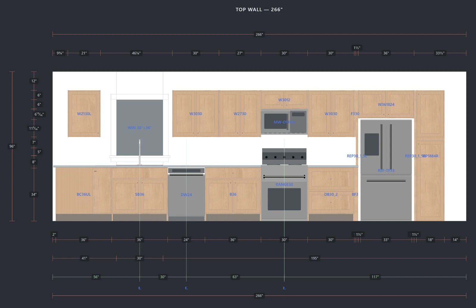 An elevation of the 266 inch top wall filling the frame: wall and base cabinets, the window over the sink, dishwasher, range with microwave above, refrigerator and pantry, each labelled by code. Dimension chains run along the top and bottom, heights down the left side, and centre lines are marked for the sink, dishwasher and range.